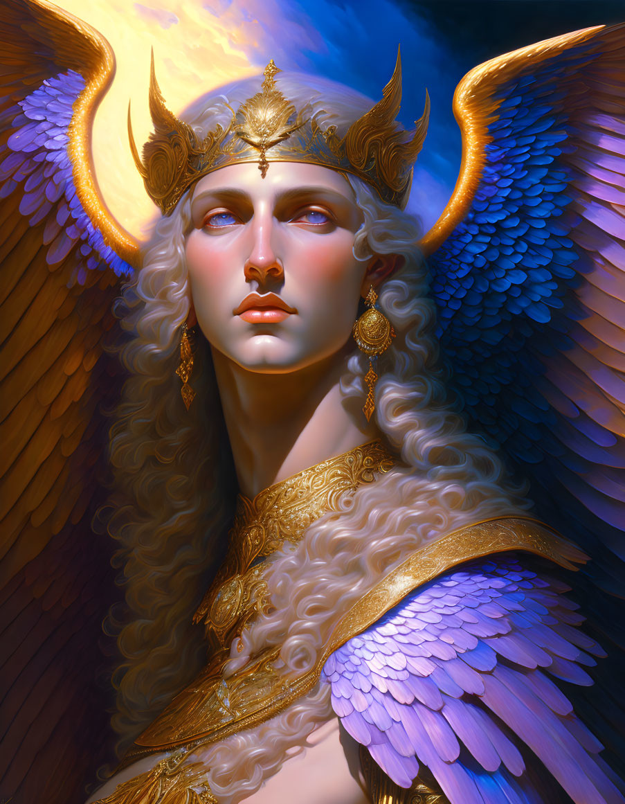 Regal figure with angel wings and golden horns in ornate armor and crown against blue sky