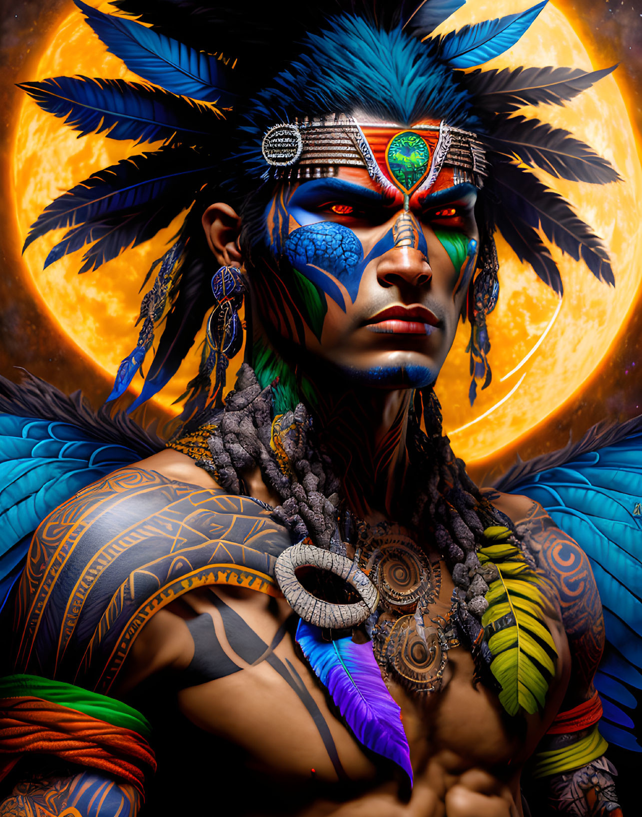 Digital artwork of person with indigenous-inspired paint, headdress, and jewelry against full moon