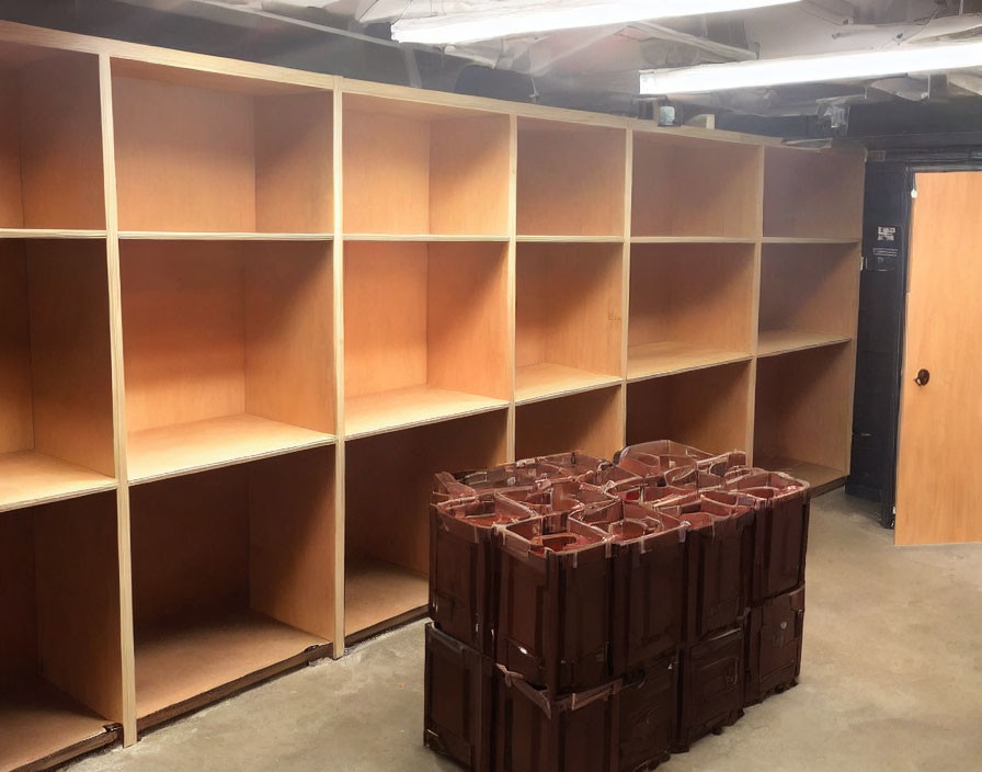 Wooden shelving units and brown plastic crates in empty room