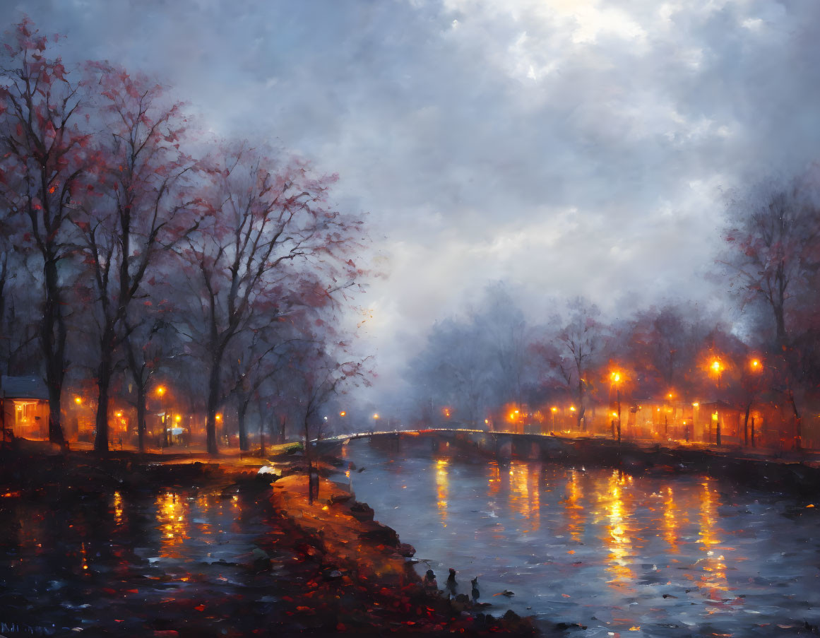 Impressionistic painting of misty riverside walkway at twilight