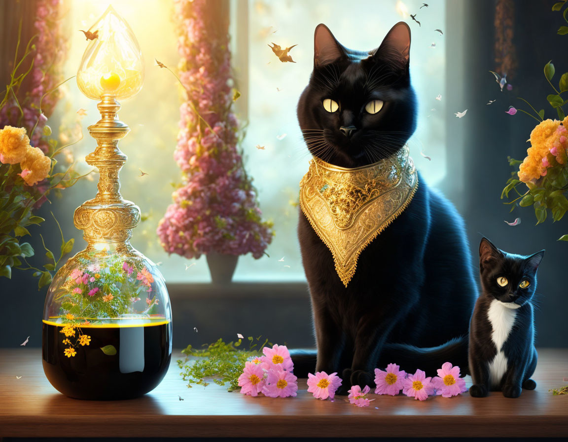 Digital Artwork: Two Black Cats, Flowers, Light Bulb, Butterflies, Window View