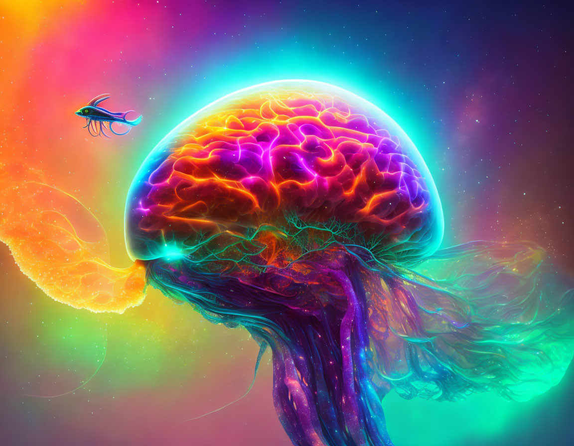 Colorful digital artwork: Jellyfish with human brain cap in nebula background.
