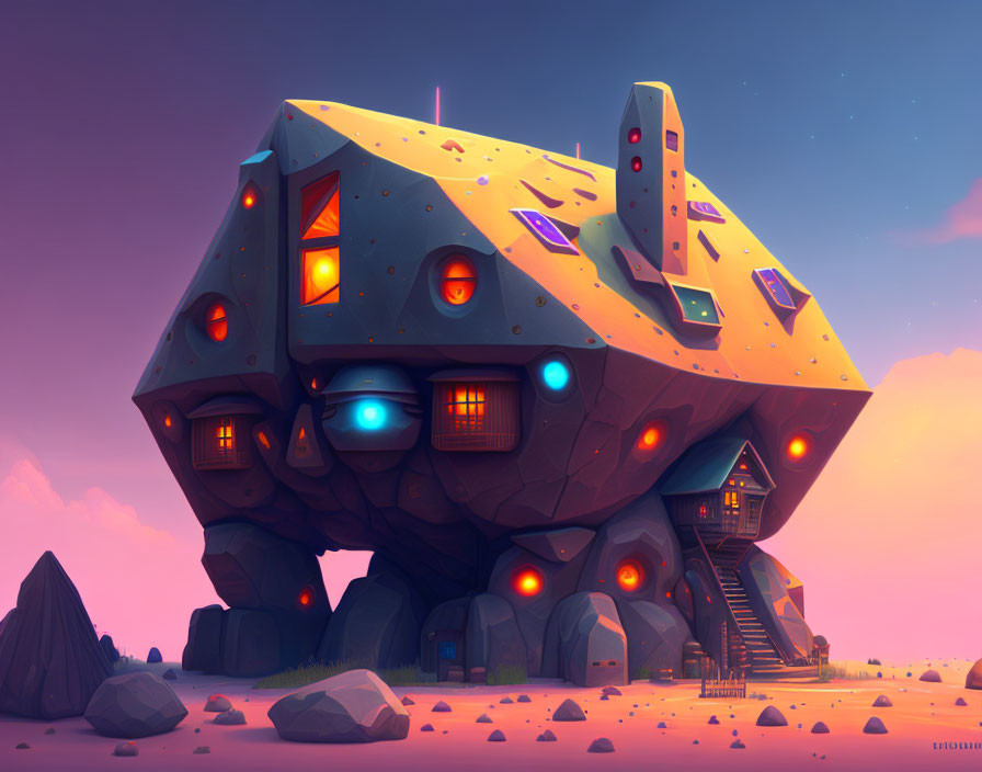 Colorful illustration of futuristic rock-shaped house with antennas and stairs against purple sky