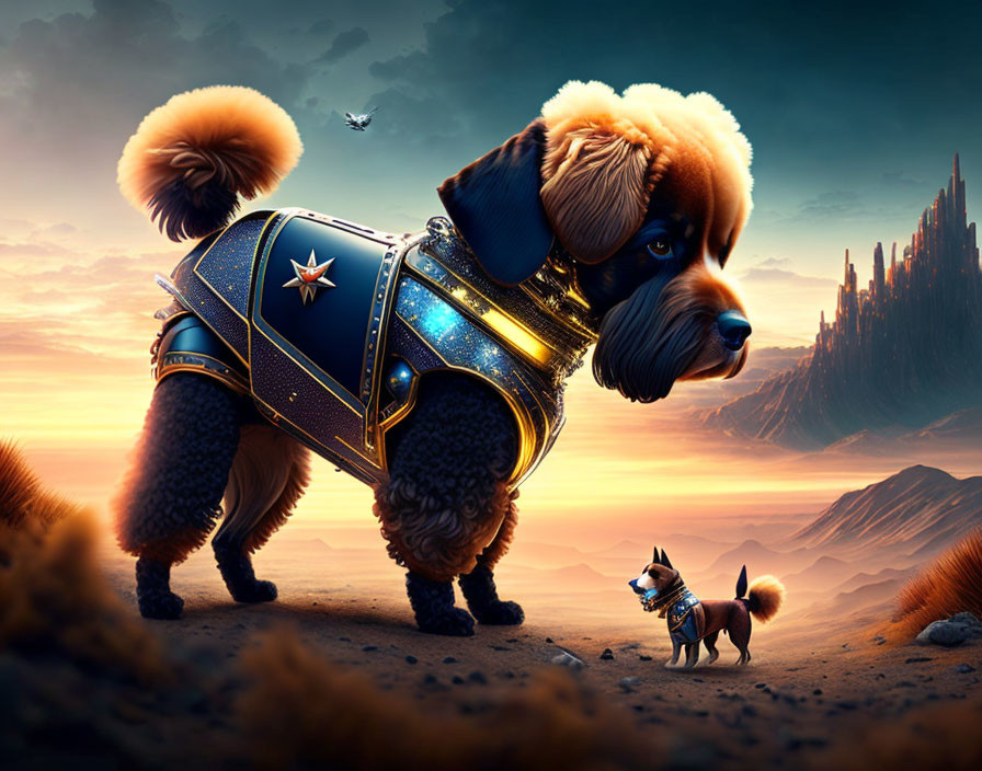 Stylized dogs in armor on dramatic fantasy landscape