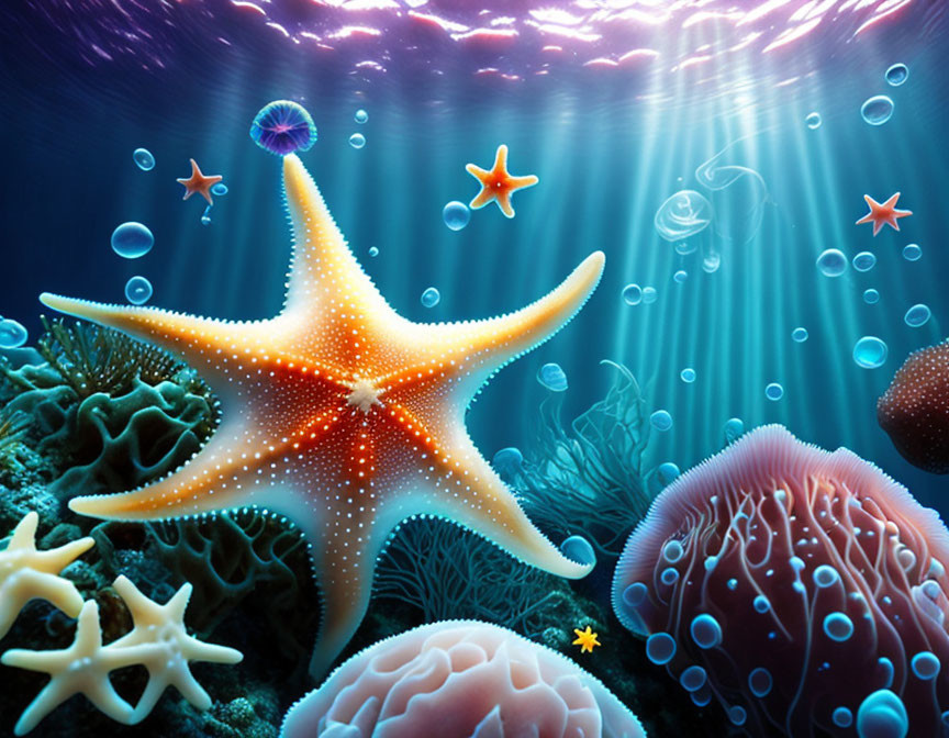 Colorful Underwater Scene with Orange Starfish, Corals, Jellyfish, and Sun Rays