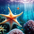 Colorful Underwater Scene with Orange Starfish, Corals, Jellyfish, and Sun Rays