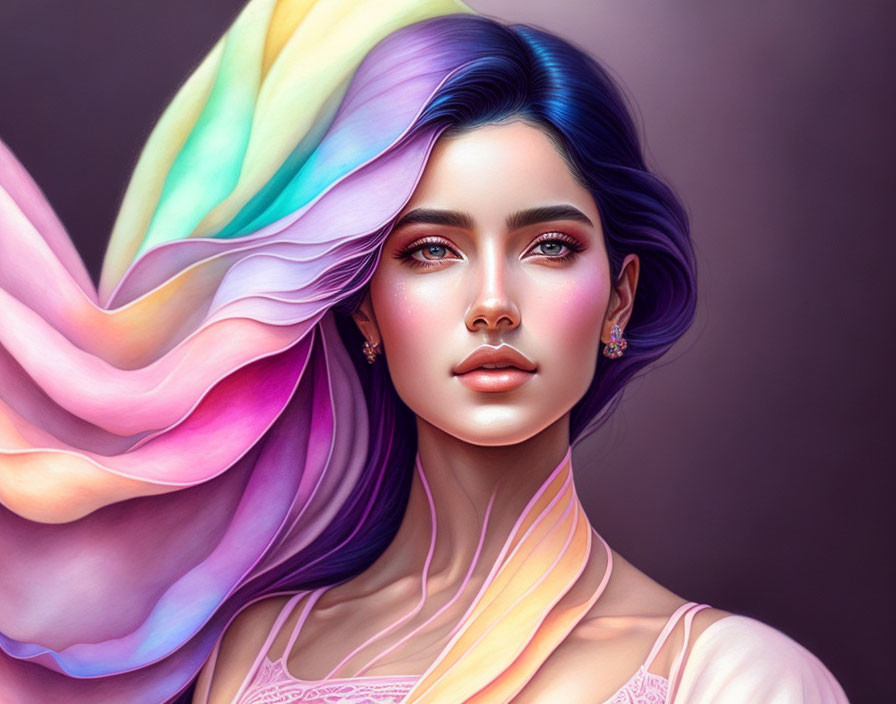 Vibrant digital portrait of woman with rainbow ombre hair and blue eyes