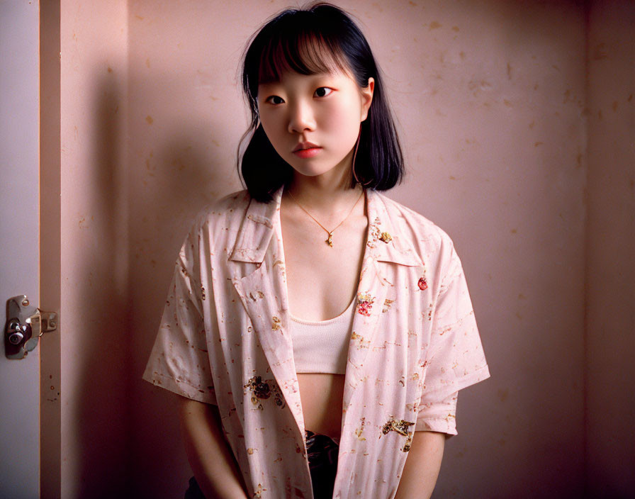 Young woman in pink floral shirt against pastel wall in softly-lit room