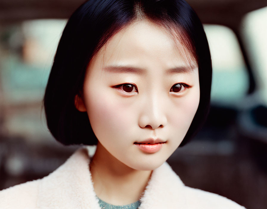 Young woman with bob haircut and subtle makeup gazing at the camera in urban setting