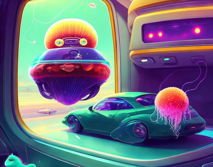 Futuristic scene with colorful flying jellyfish-like vehicles and sleek green car