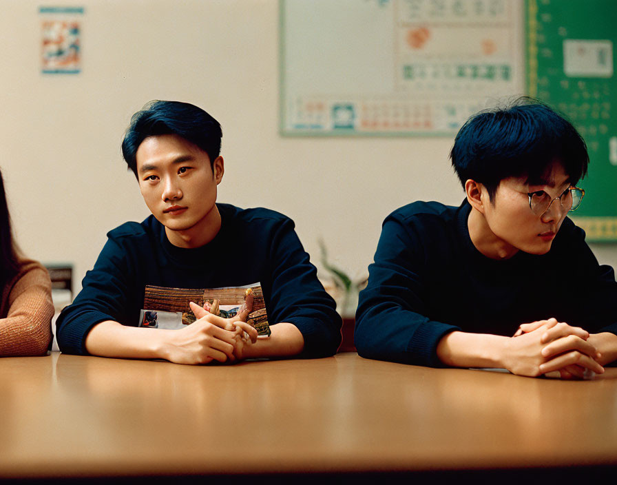 Two young men indoors, one in black t-shirt and glasses, the other in graphic tee, sitting