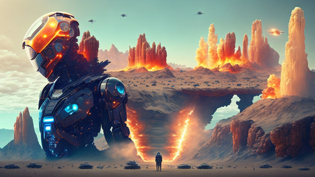 Person facing giant robot in futuristic desert with fiery tornadoes