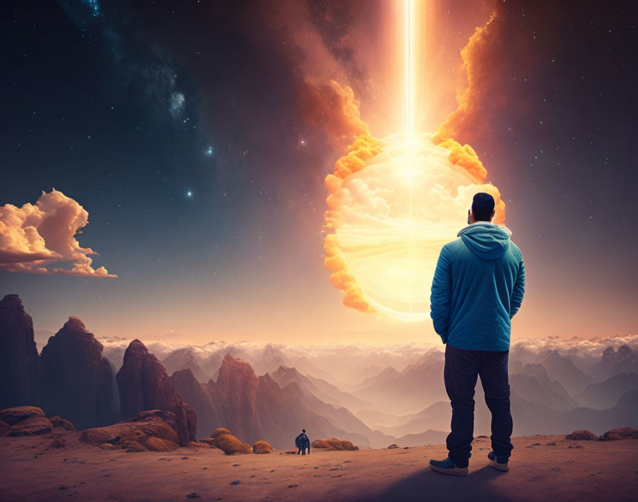 Person observing dog and explosion on rocky terrain with light beam in sky