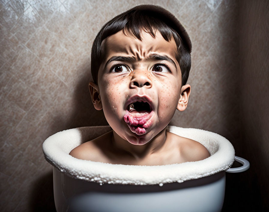 Surprised boy sitting by bubble-filled basin