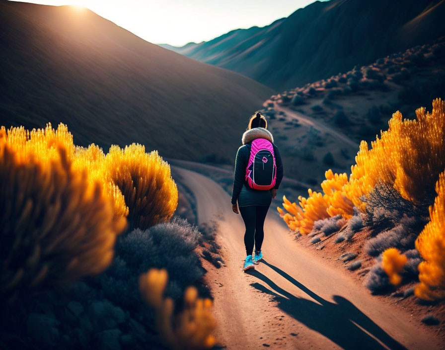 Hiker on winding dirt road amid golden bushes in warm sunlight