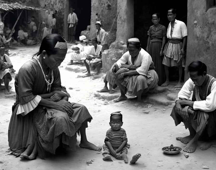 Monochrome image of people in traditional attire in village setting