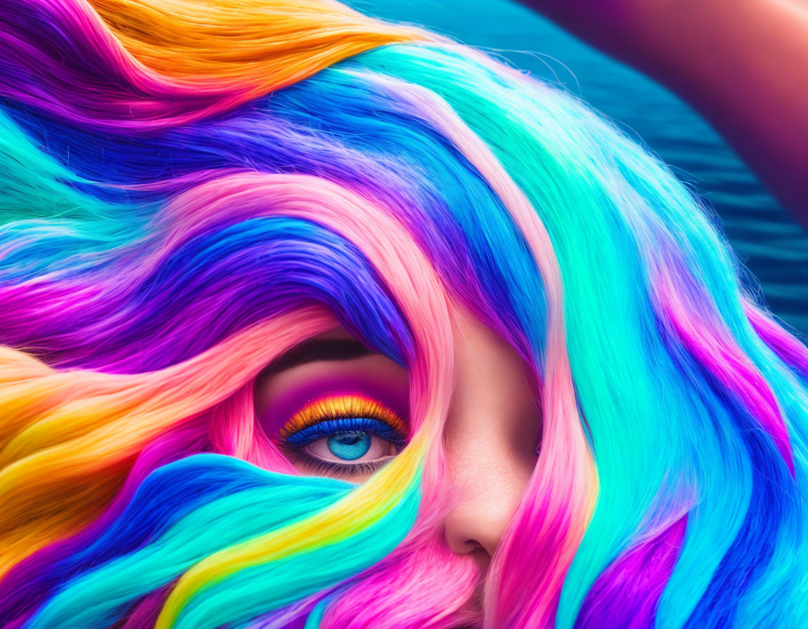 Colorful Hair Frames Woman's Eye with Orange Eyeshadow