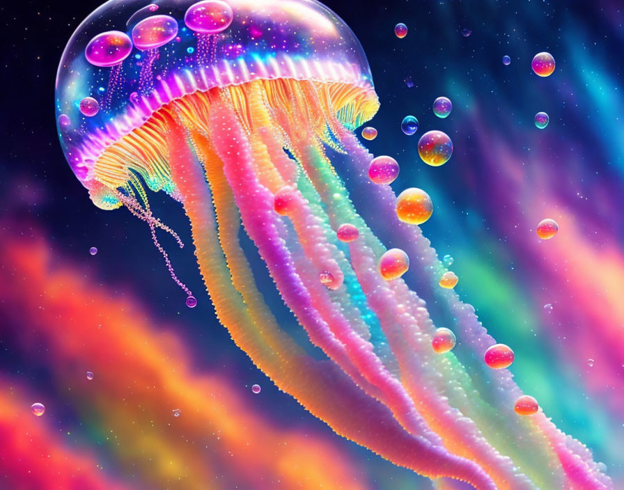 Colorful Jellyfish Artwork with Rainbow Body and Nebula Background