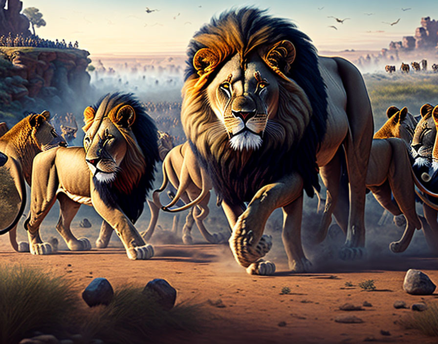 Realistic animated lions walking confidently on savanna plains