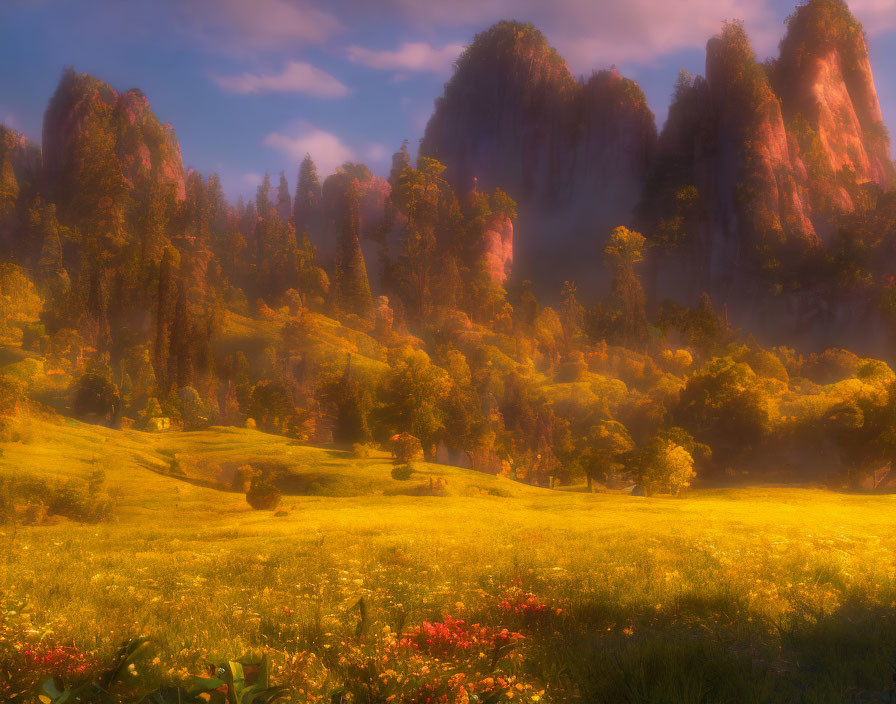 Serene meadow with vibrant flowers under misty cliffs in golden sunlight