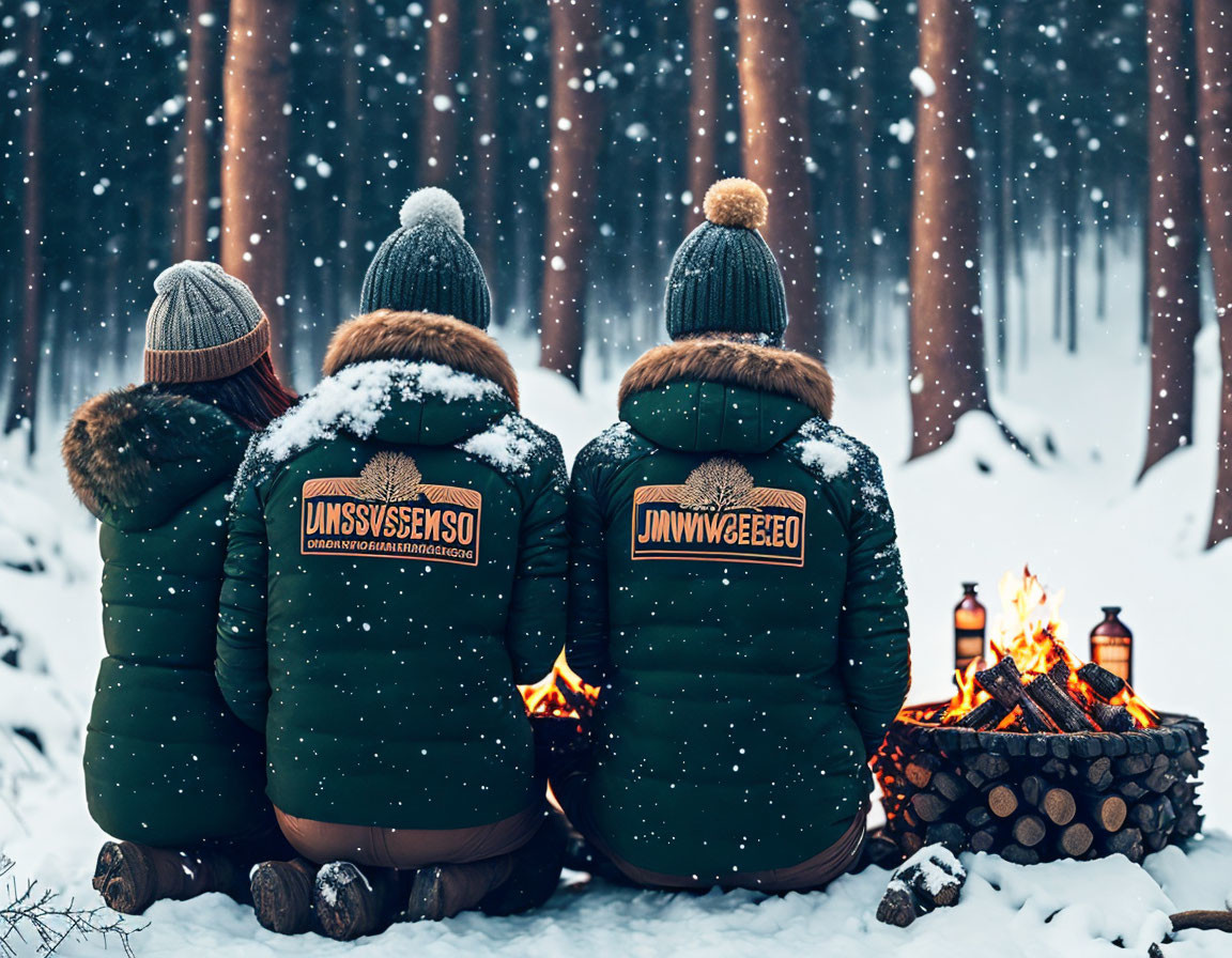 Three people in winter jackets and beanies sitting on a log in snowy forest with campfire.