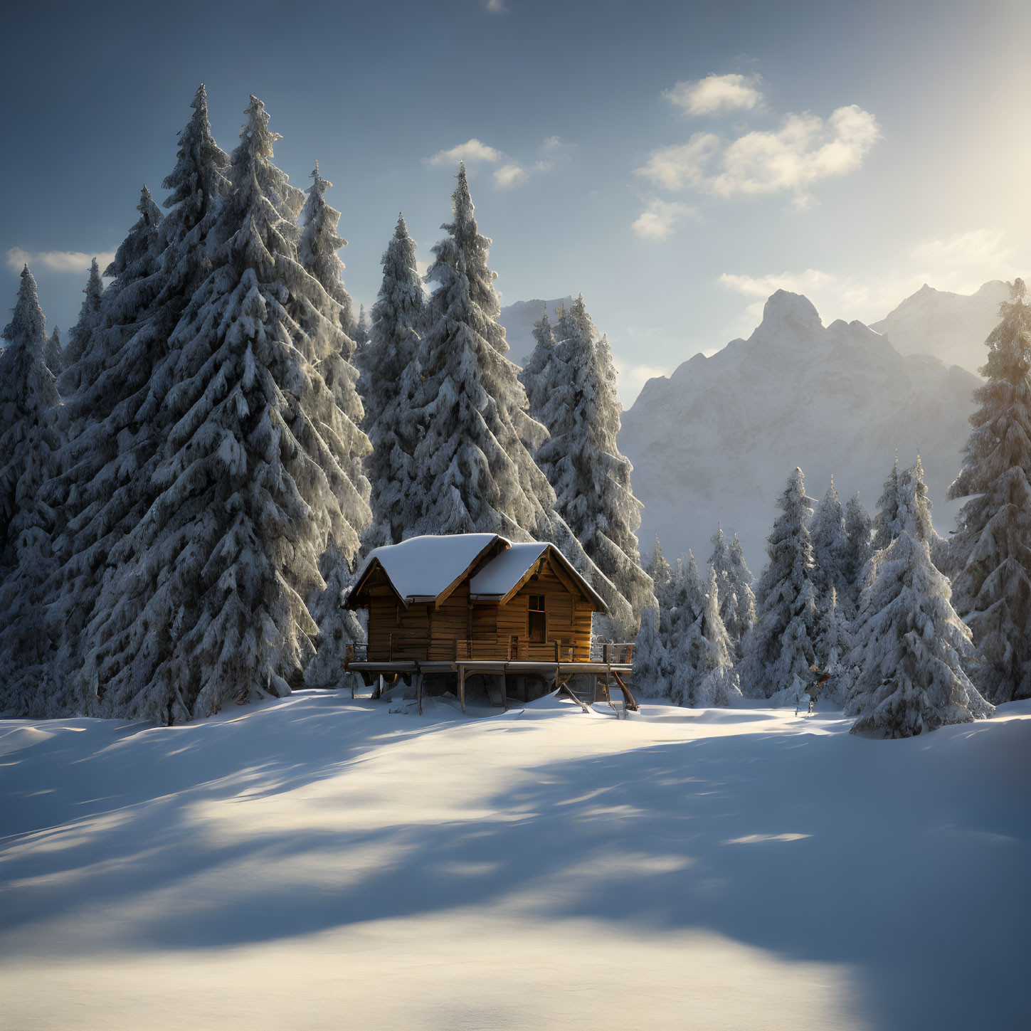 Snow-covered fir trees around wooden cabin in snowy landscape