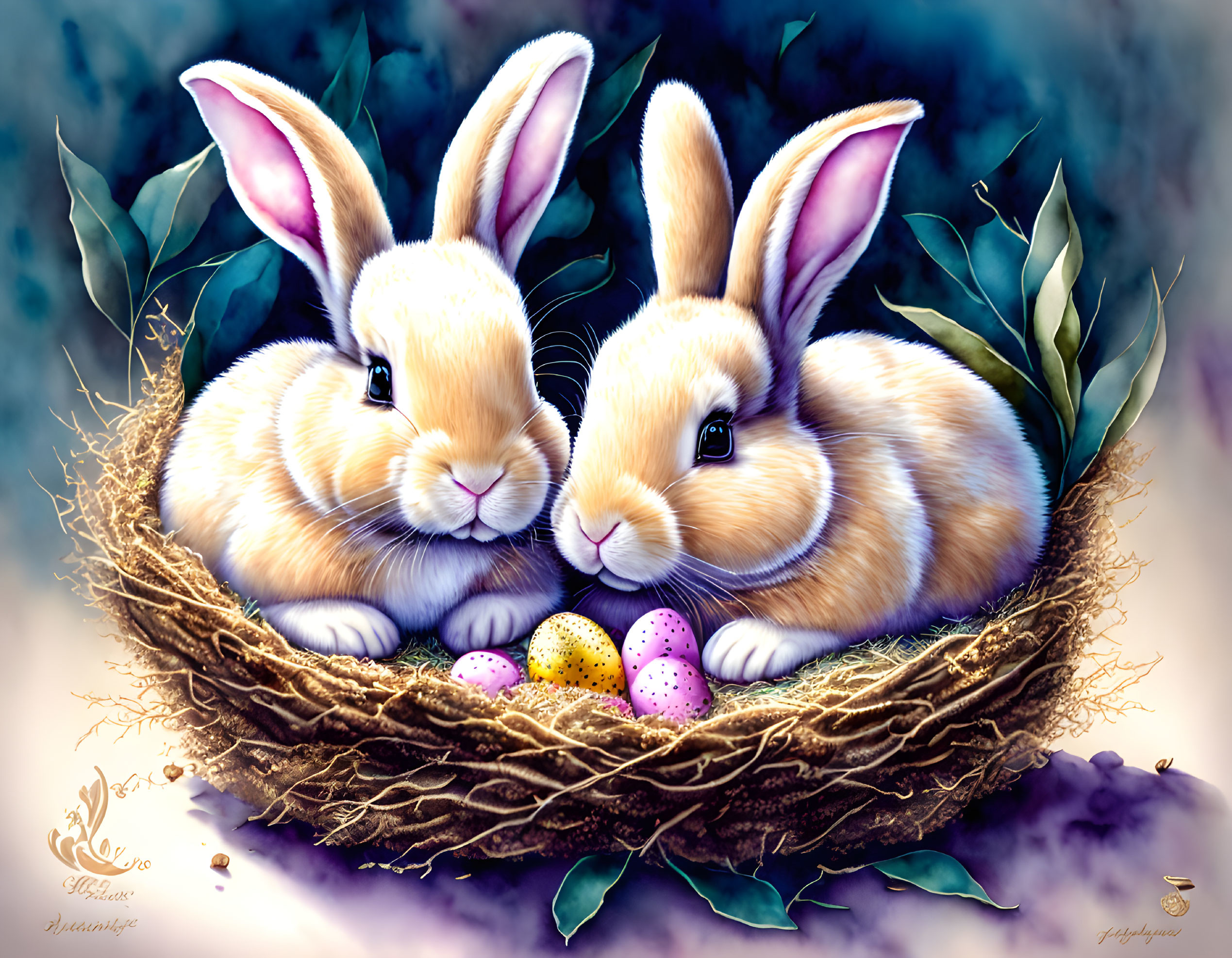 Illustrated rabbits in nest with colorful eggs on dreamy blue background