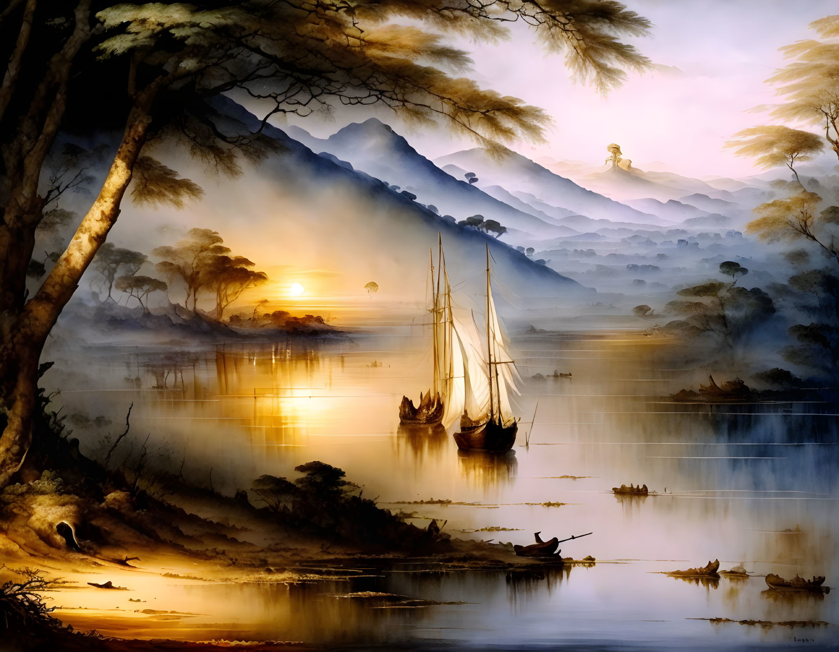 Scenic Sunrise River with Misty Mountains and Boats