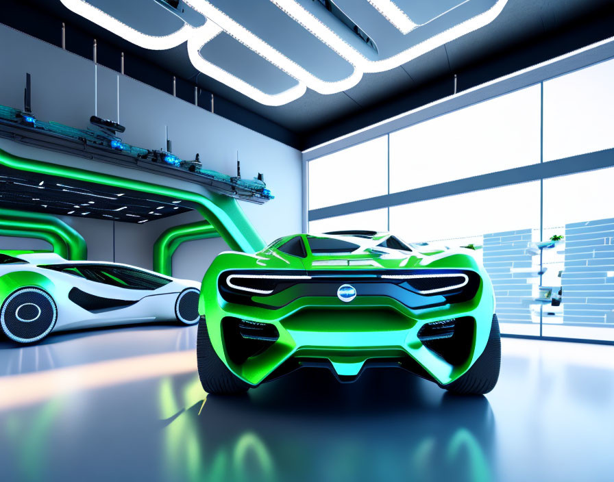 Modern Car Showroom Featuring Futuristic Concept Vehicles