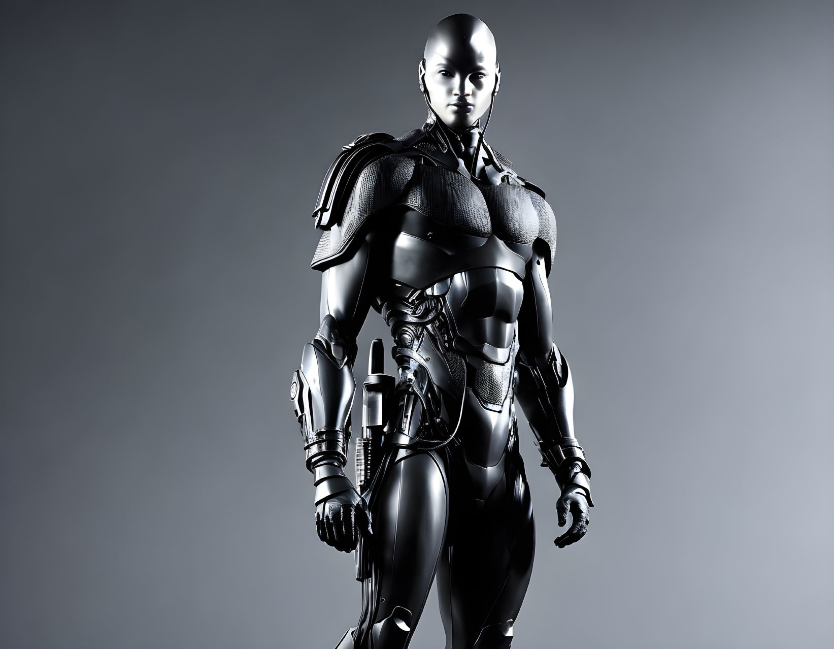 Muscular humanoid robot with metallic body and bald head on grey background