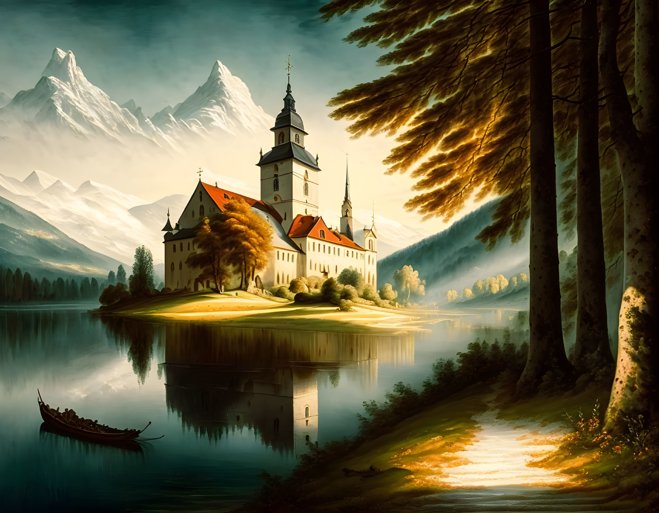 Grand castle on lake island with snow-capped mountains, forests, and boat in warm light