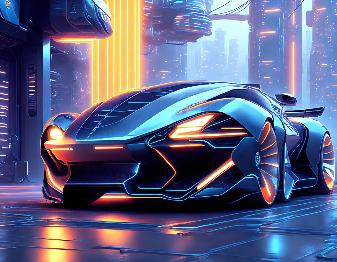 Futuristic sports car with blue neon highlights in cyberpunk cityscape