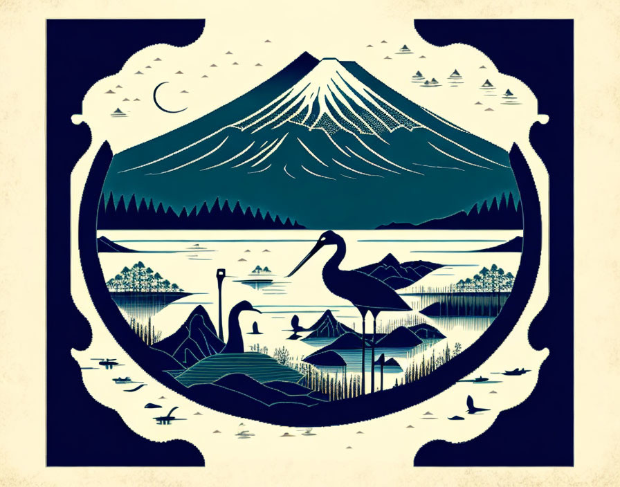 Mountain landscape graphic with crane and decorative border.