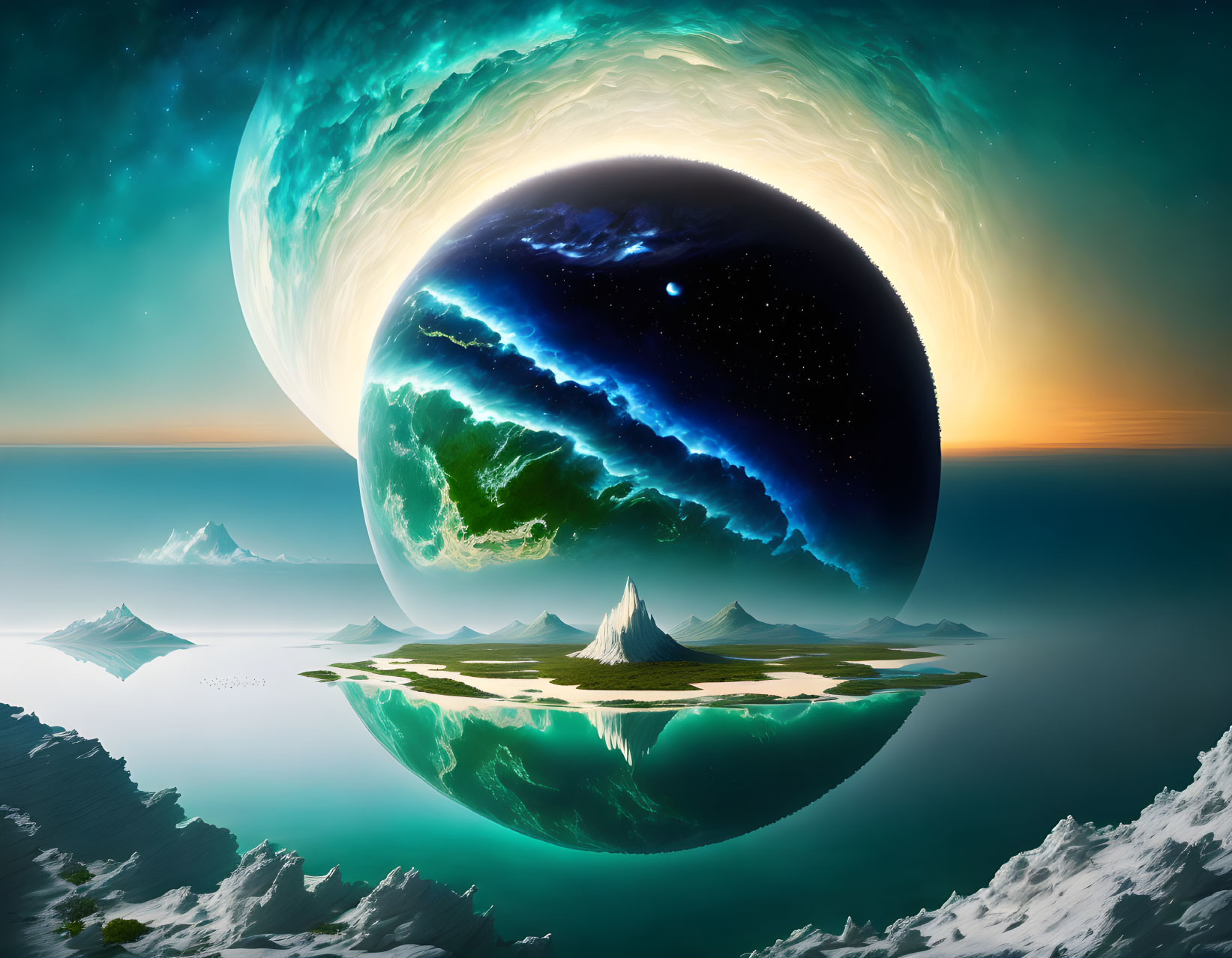 Surreal landscape with island, vast sky, and rising planet