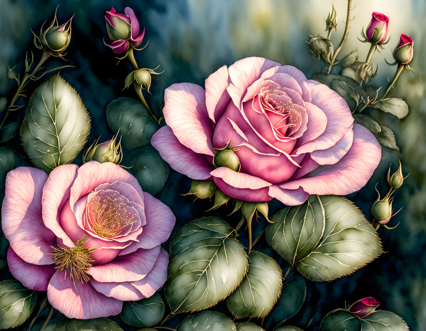 Pink Roses with Soft Glow Surrounded by Buds and Leaves