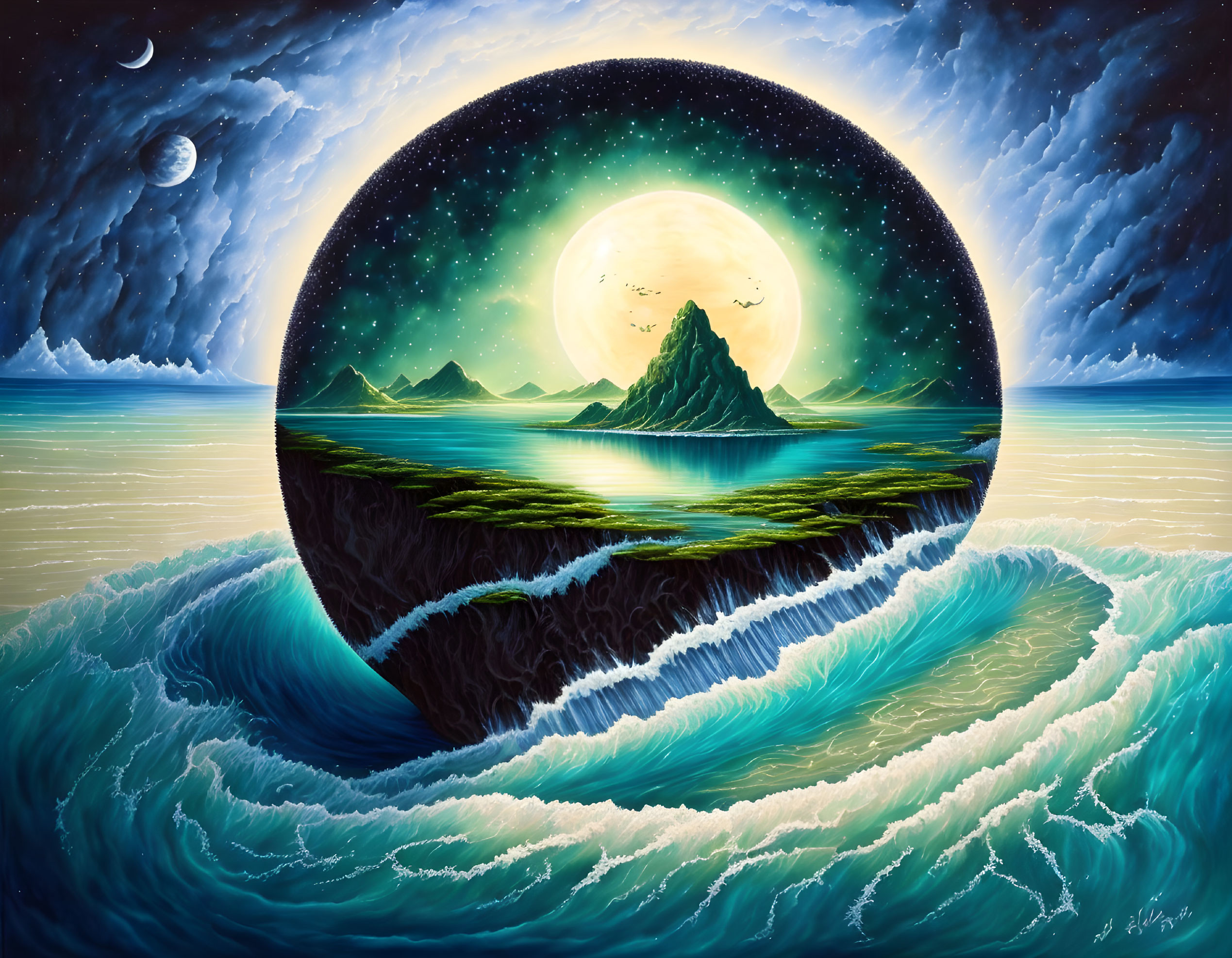 Surreal circular seascape with yin-yang waves and full moon