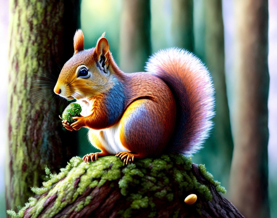 Colorful squirrel illustration on mossy branch nibbling nut