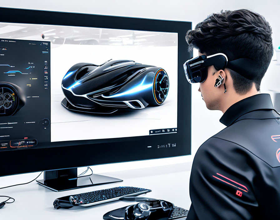 Person in VR headset viewing futuristic car model on monitor in high-tech workspace