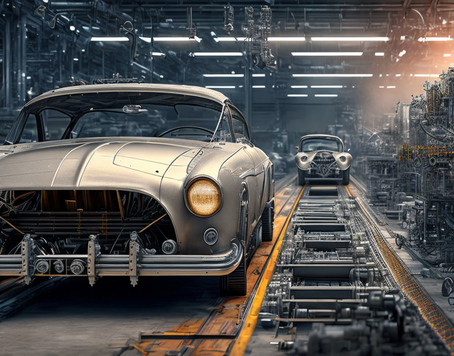 Vintage car assembly line in modern factory with robotic machinery