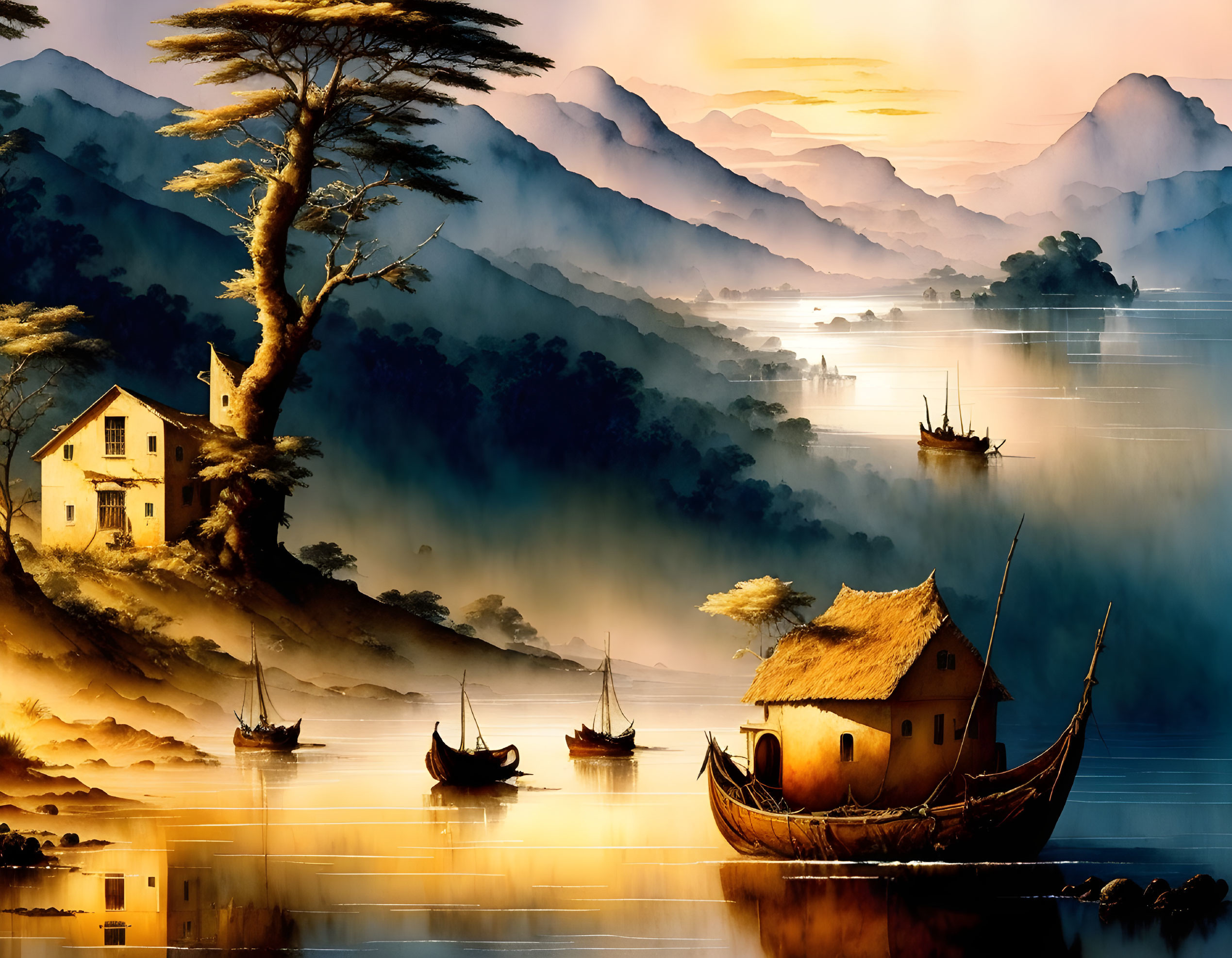 Misty River Landscape at Sunset with Traditional Boats