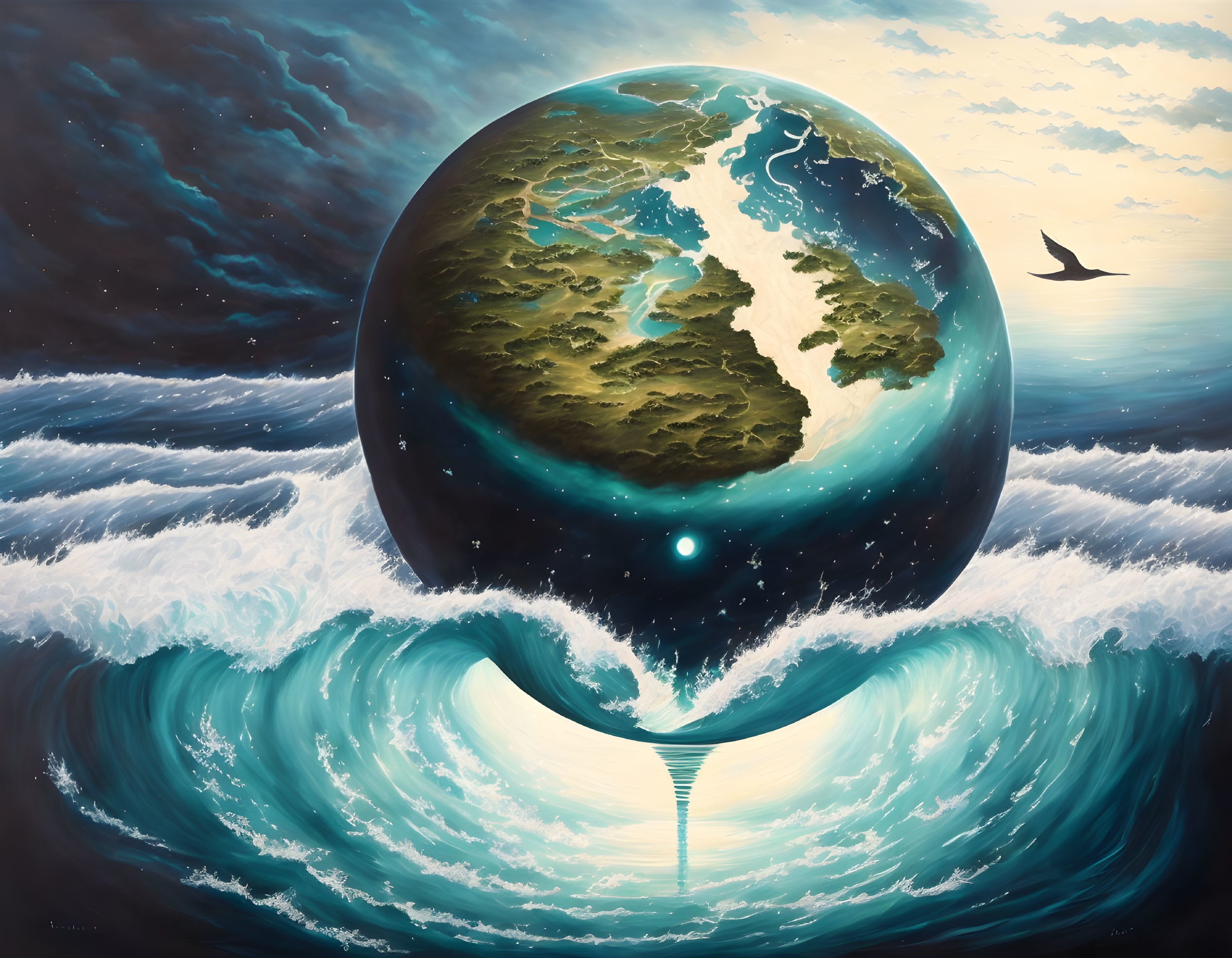 Surreal painting of Earth-like planet over ocean with bird and water vortex