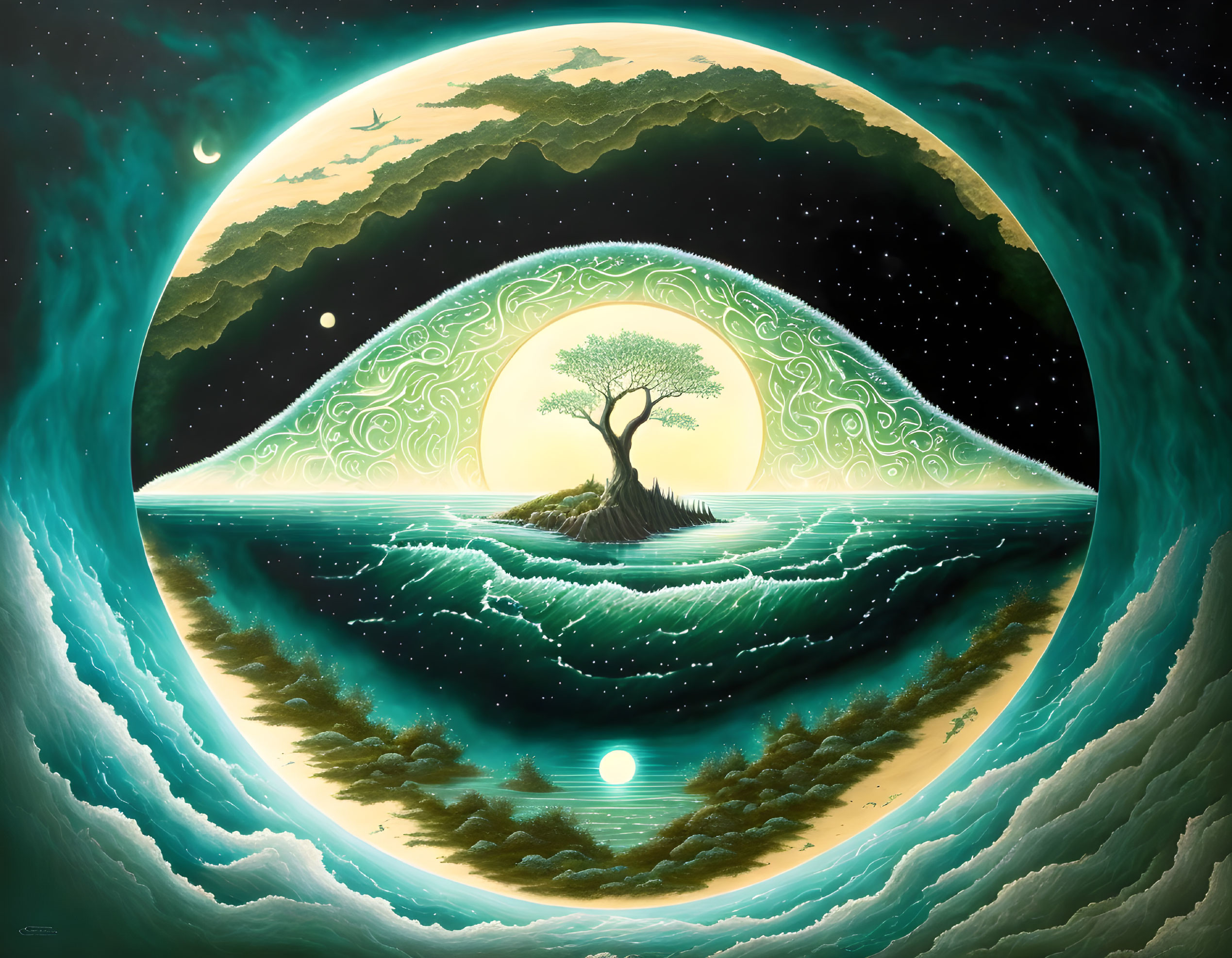 Surreal illustration of lone tree on island with swirling waves and moon