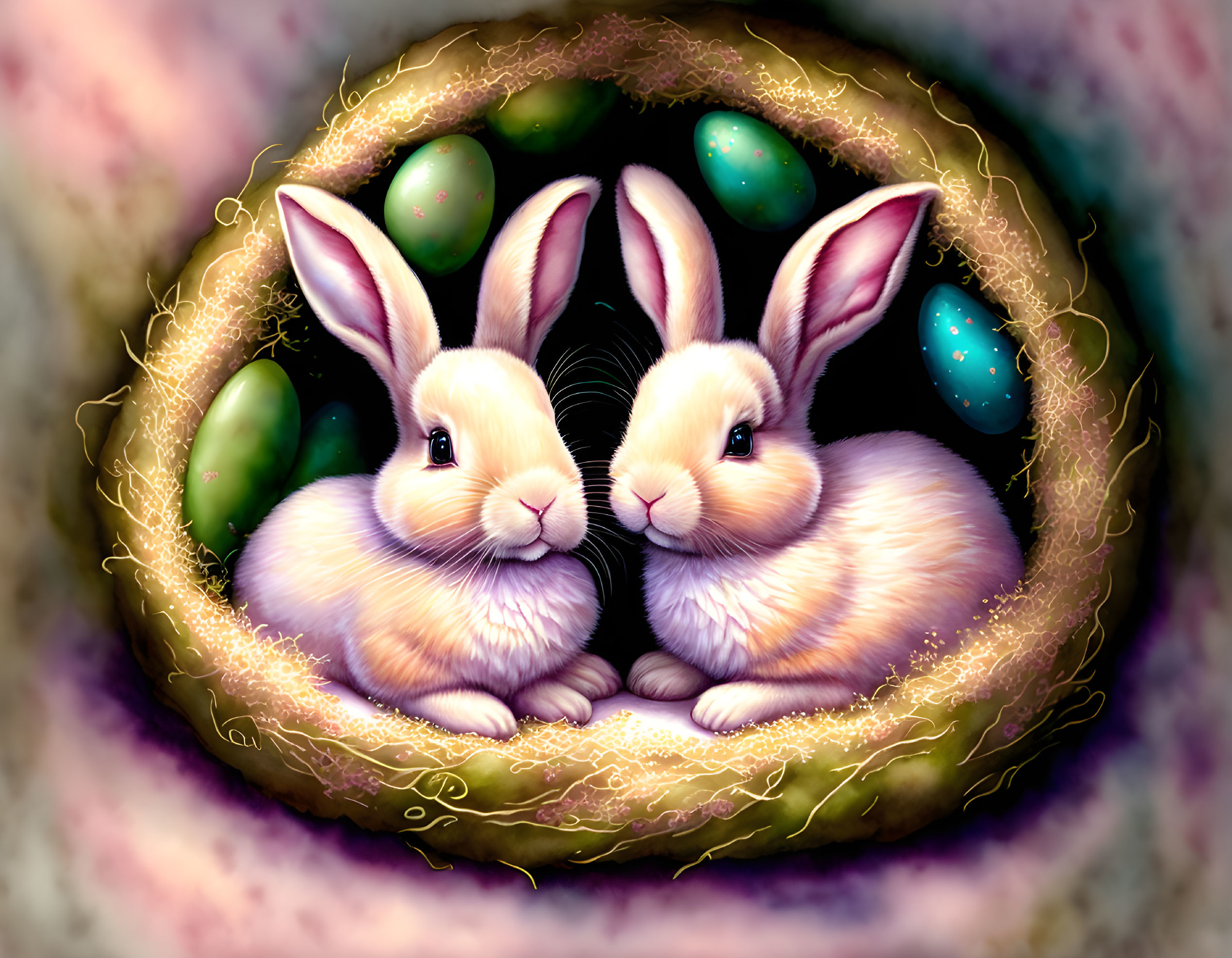 Illustrated bunnies in nest with colorful eggs on dreamy background