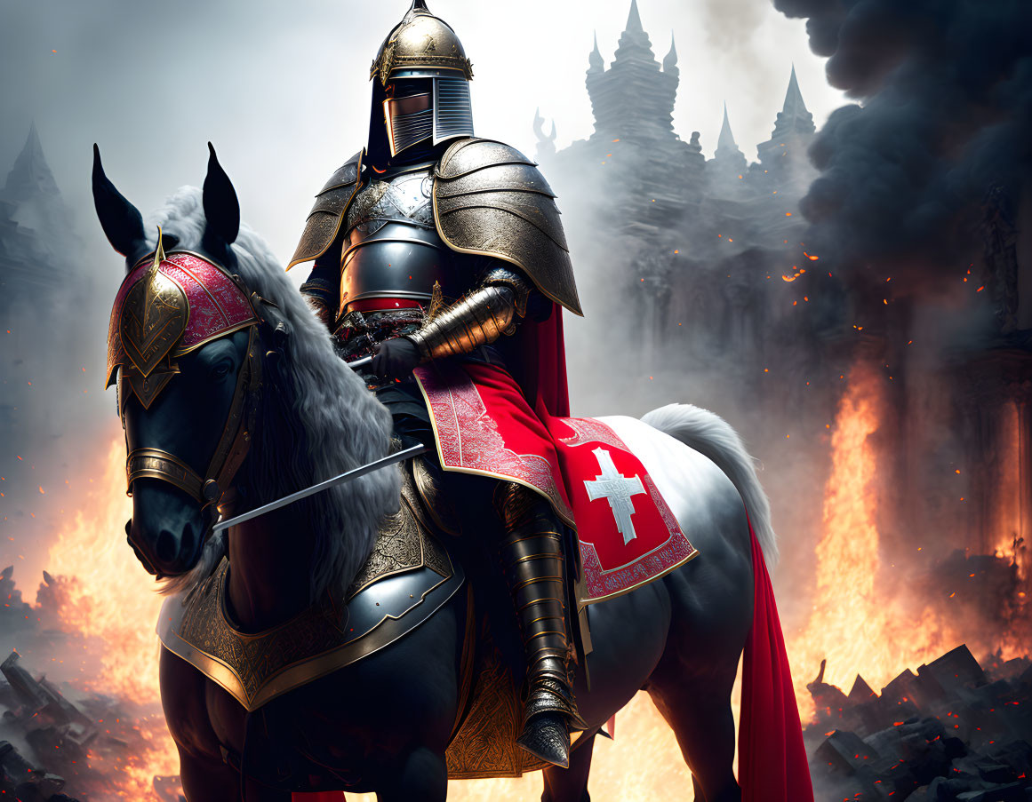 Knight in Full Armor on Horse with Red and White Cloak Amidst Burning Buildings