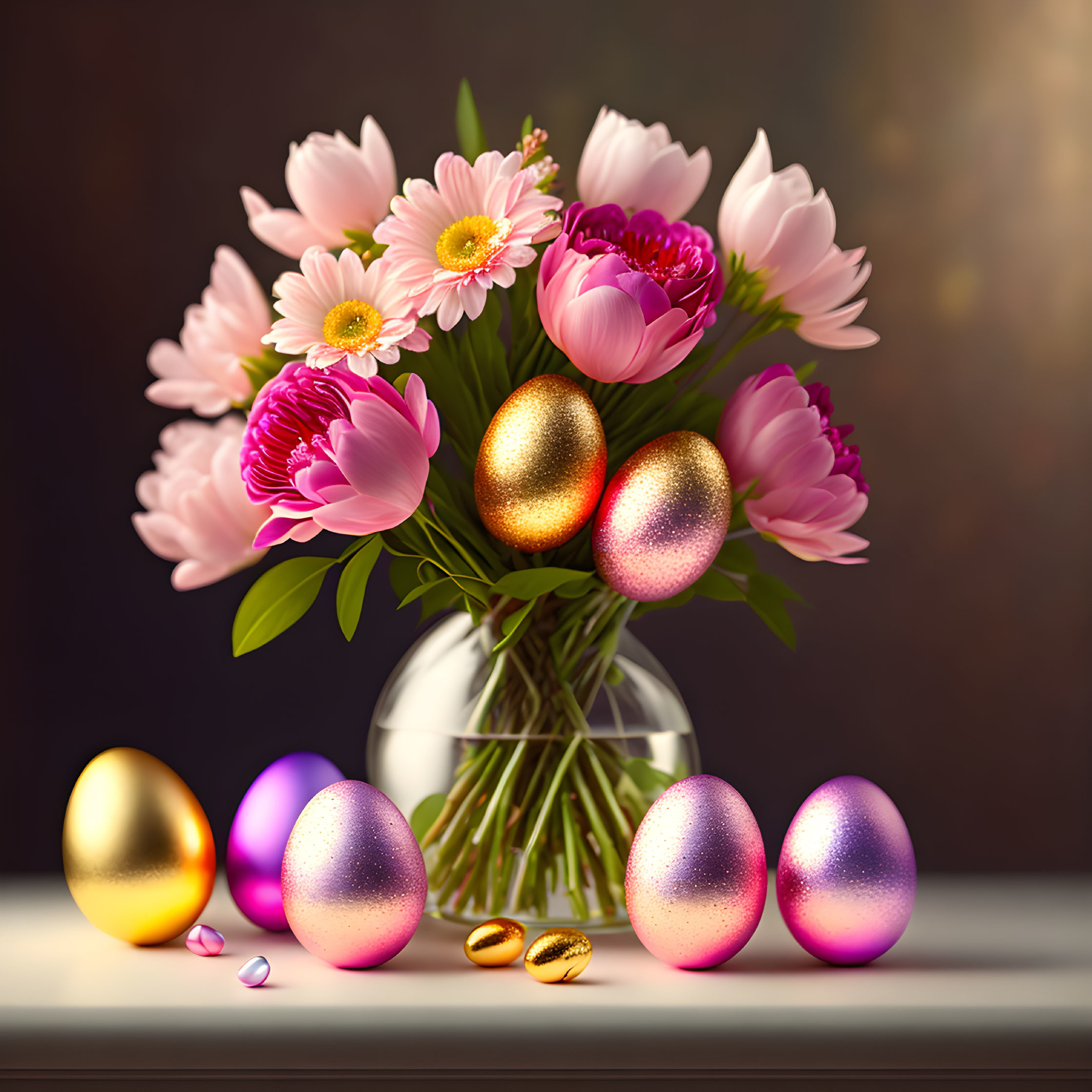 Pink Flowers Bouquet and Easter Eggs on Dark Background