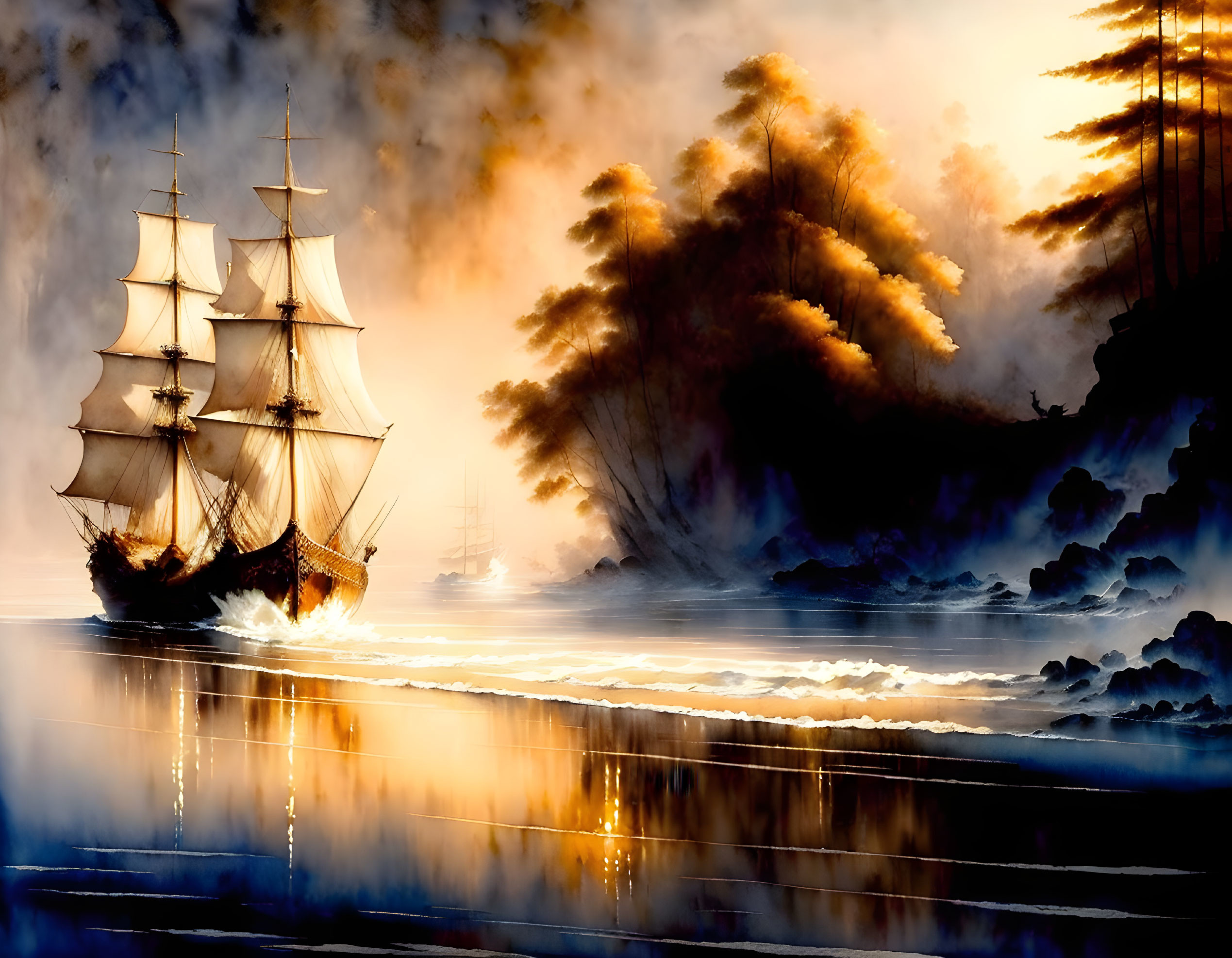 Majestic tall ship sailing at sunset on tranquil sea