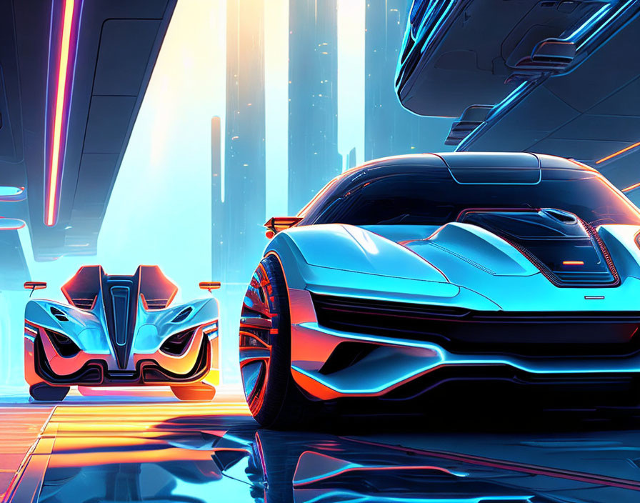 Neon-accented futuristic sports cars in vibrant cyberpunk cityscape