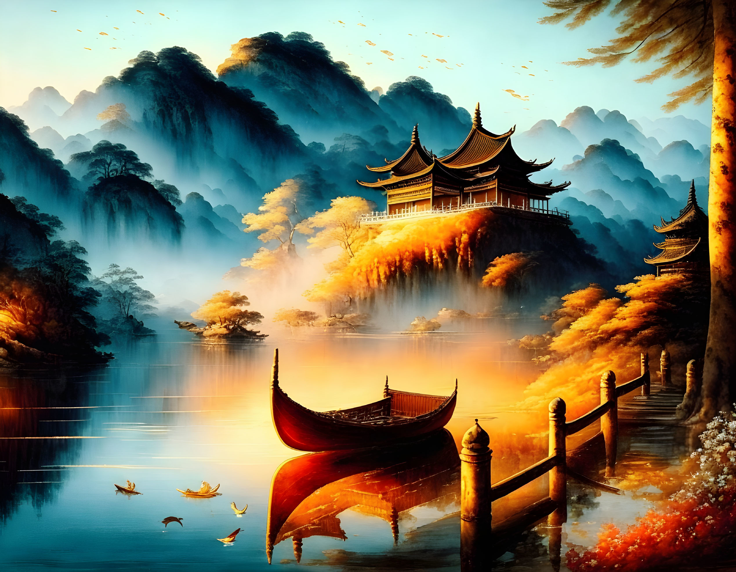 Traditional Asian architecture in misty mountain landscape with lake and boats