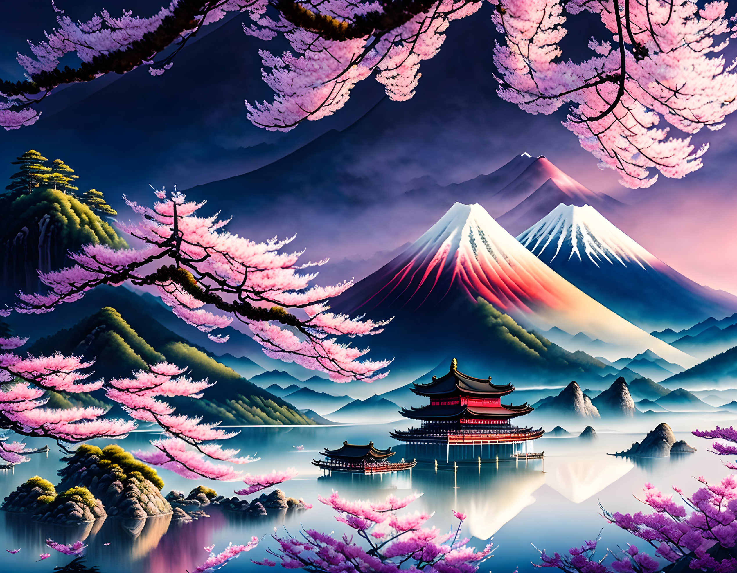 Snow-capped mountains, Asian temple, cherry blossoms landscape