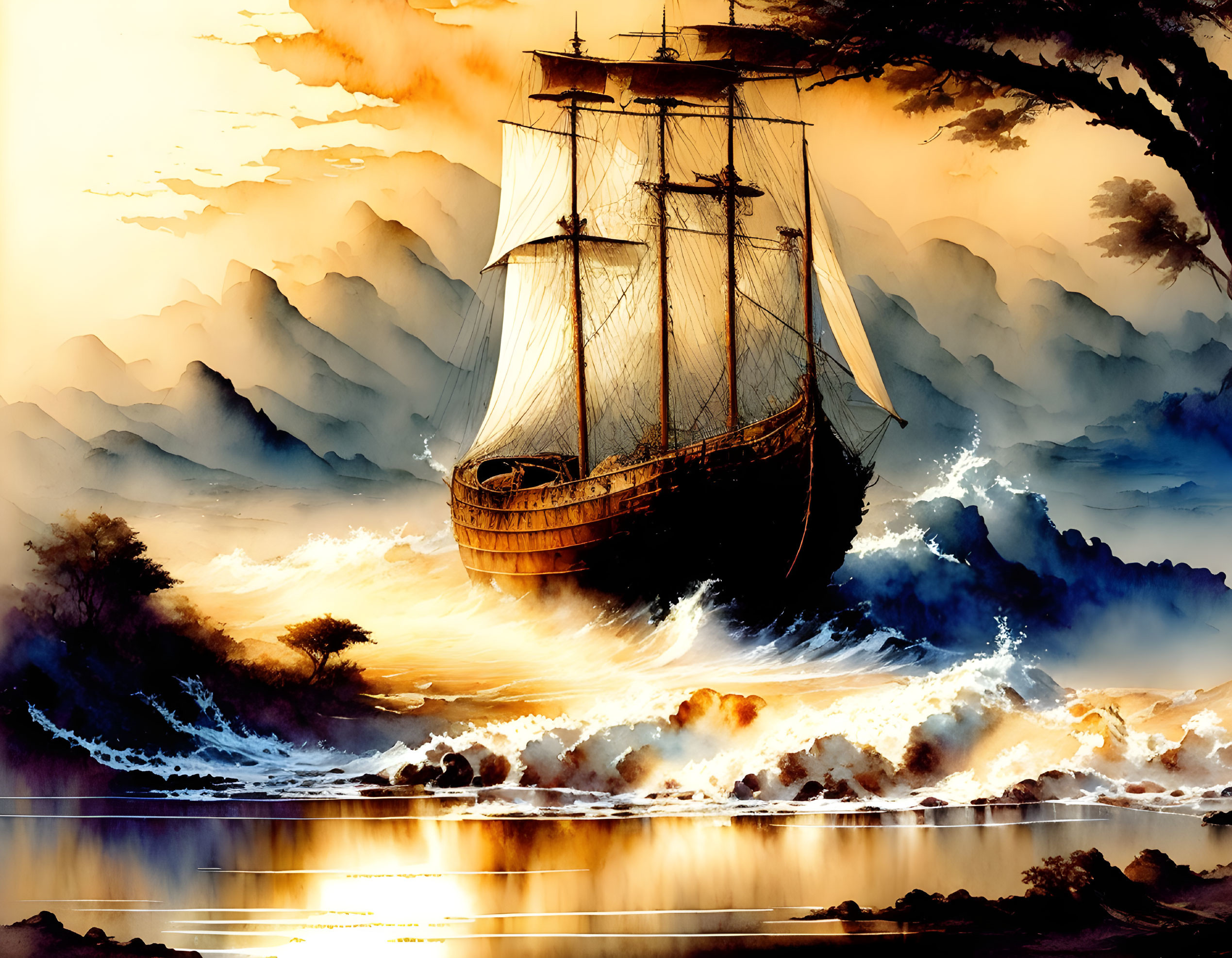 Sailing ship on stormy sea with misty mountains and sunset sky